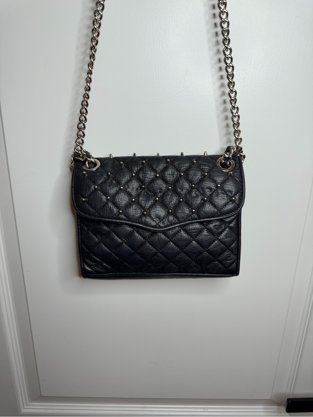 Rebecca Minkoff Black Quilted Studded Crossbody Bag Silver Chain Shoulder Purse